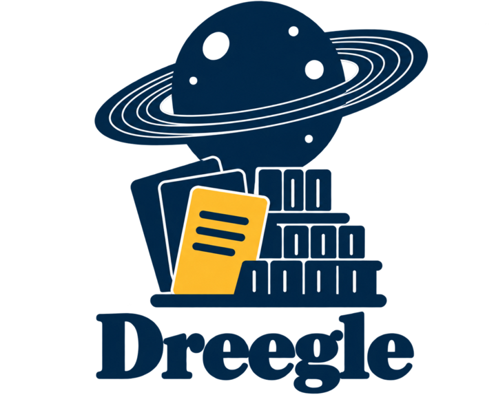 Dreegle: the moon with three rings over a shelf of papers