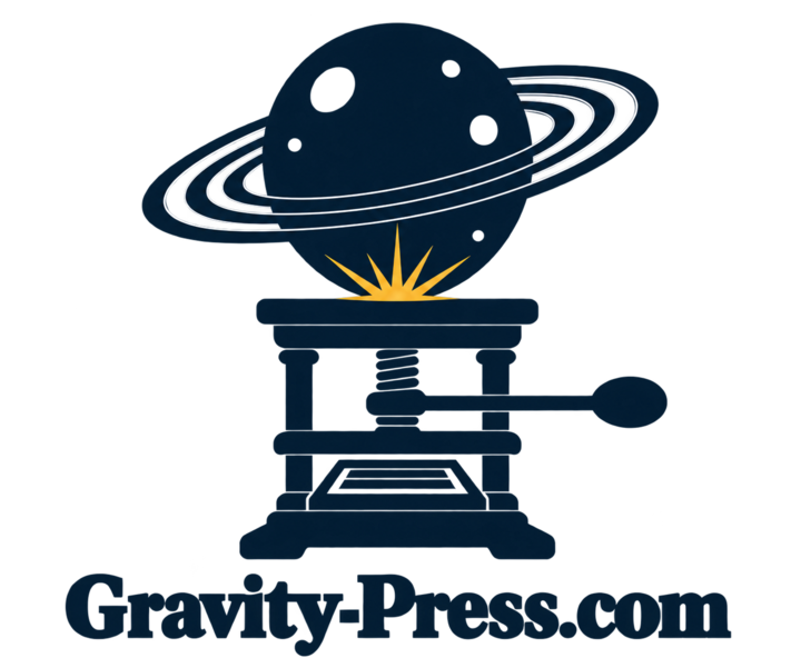 Gravity Press: the moon with three rings over a hand press