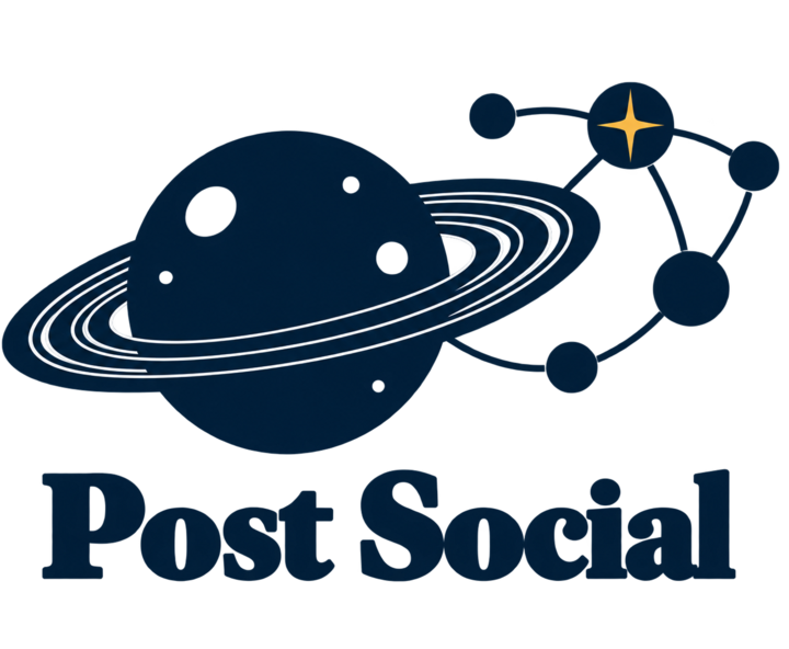 Post Social: the moon with three rings beside a small network of points