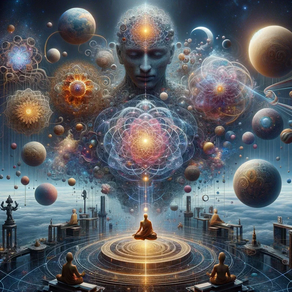 A cosmic entity with a detailed head surrounded by celestial orbs.