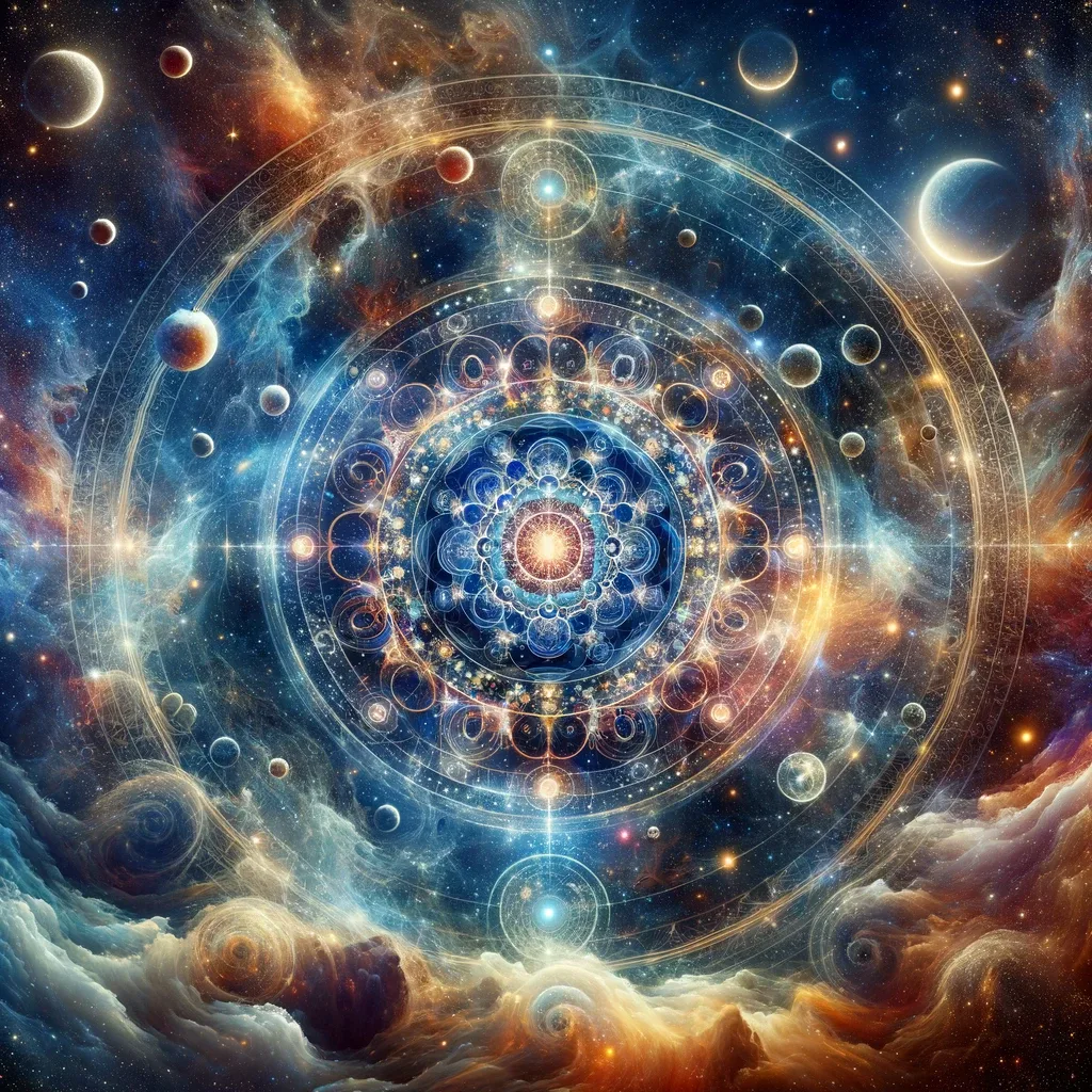 A space-themed image with celestial bodies and intricate designs.