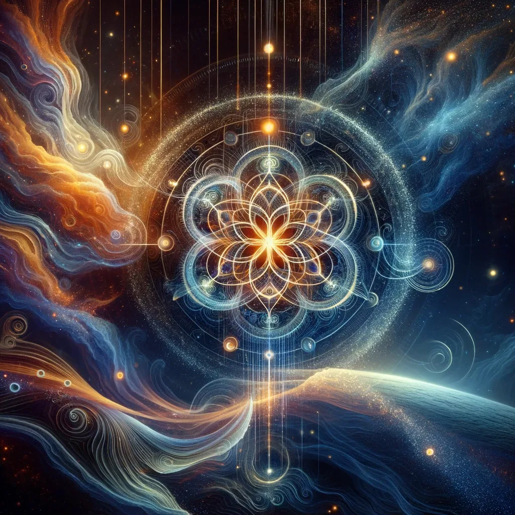 A vibrant cosmic scene with interwoven geometric patterns.