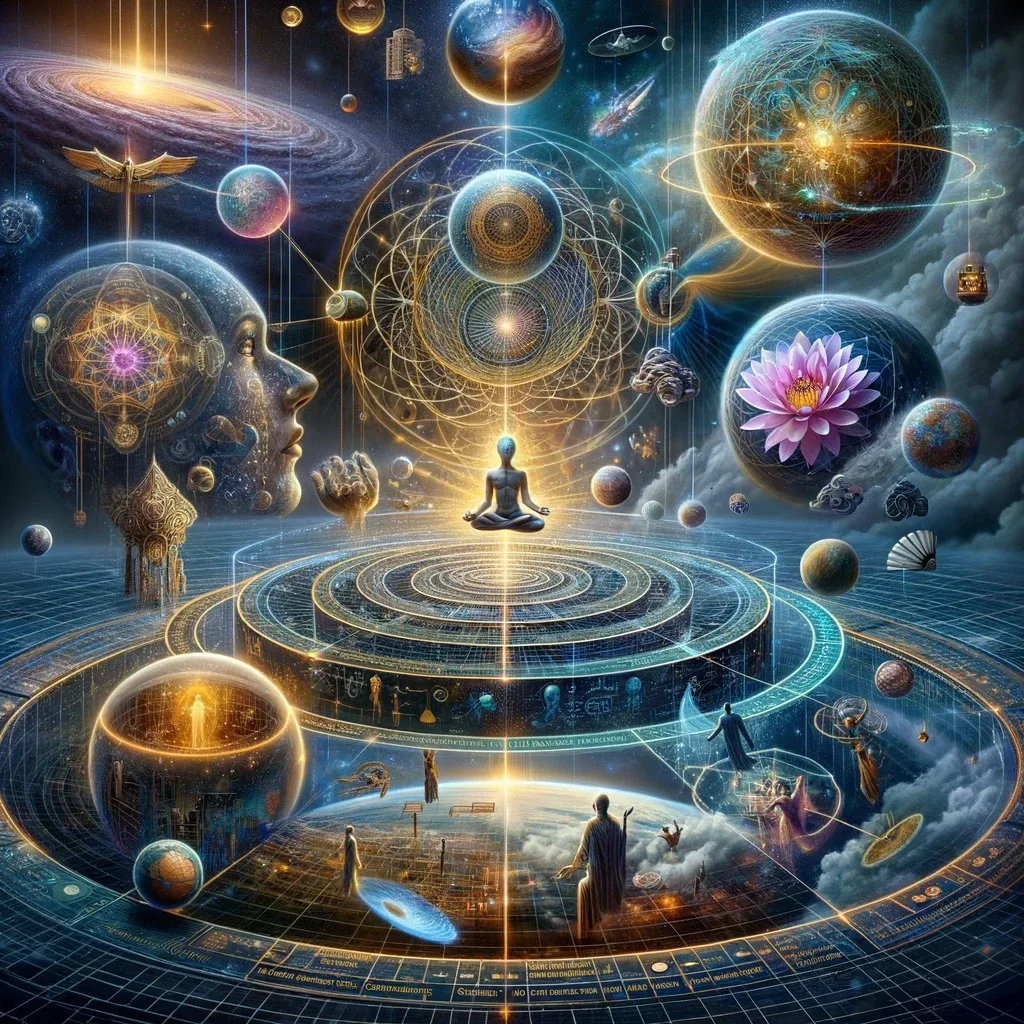 A surreal landscape with meditating figures and cosmic elements.
