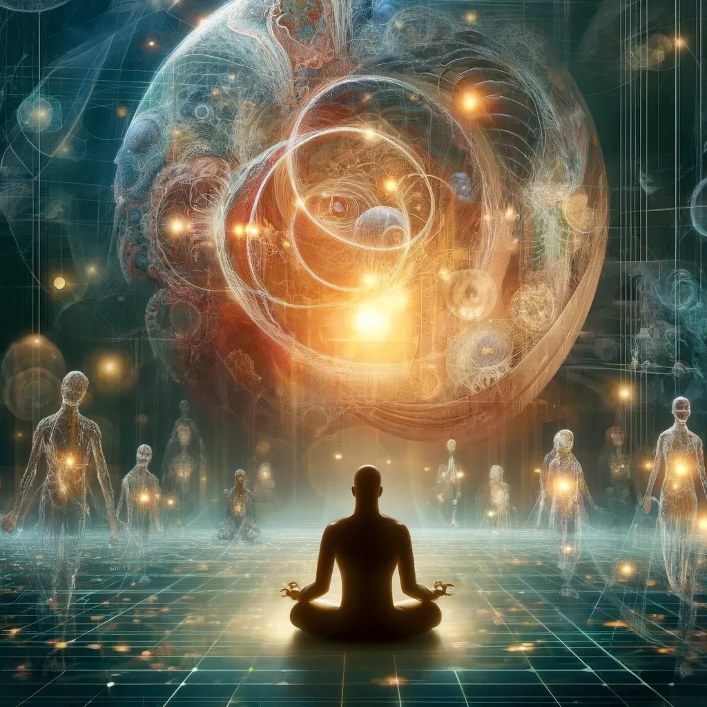 A figure meditating before a luminous orb, surrounded by ethereal beings and digital patterns.