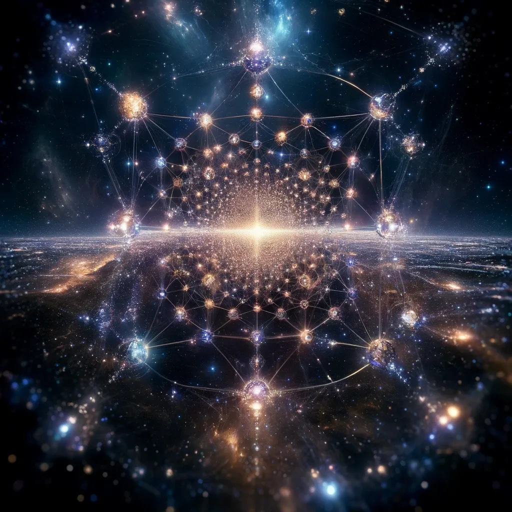 A network of glowing nodes interconnected in space, with a central radiant point and a backdrop of stars and galaxies.