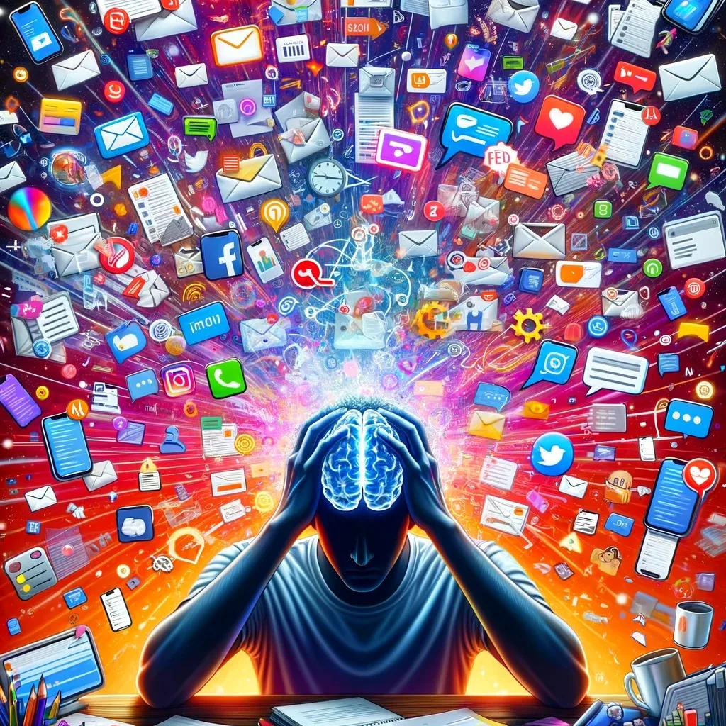 A person overwhelmed by a chaotic swirl of emails, texts, social media notifications, and conversations, with a visual representation of the brain in the center.