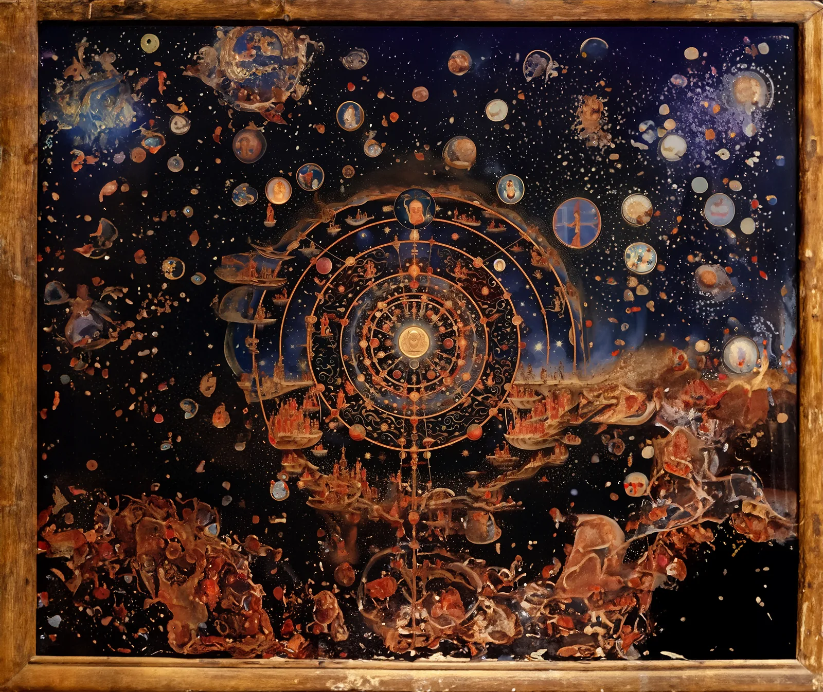A picture of a painting, perhaps mixed media depicting a medieval depiction of the Jeweled Web of Indra, in space, the painting canvas is inside a wooden frame. An AI Generated image.